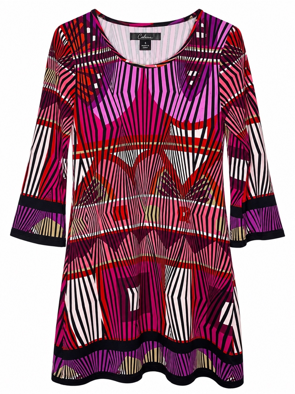 Calessa Geometric Print Shift Dress 3/4 Sleeve Stretch Size Small